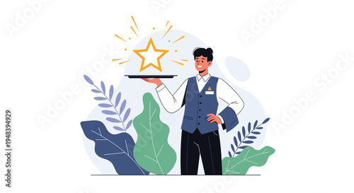 Professional waiter serving a golden star on tray representing high quality service and customer satisfaction excellence.