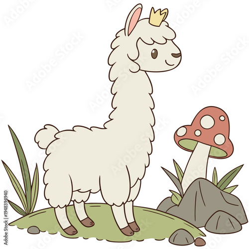 Cute Surprised Alpaca, accessorized with with a tiny crown, in a Fairy forest world – Whimsy Woods palette vector