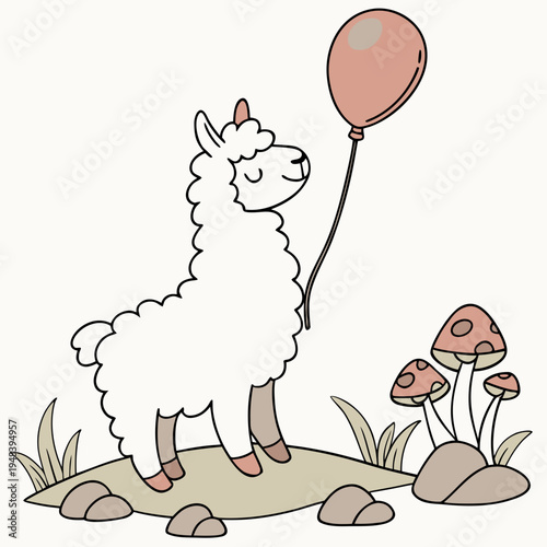 A Joyful Alpaca with with a balloon in a Fairy forest theme – Whimsy Woods palette SVG illustration