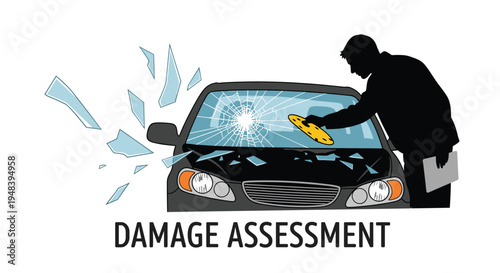 Silhouette of insurance agent inspecting shattered windshield of damaged car for accident repair and damage assessment.