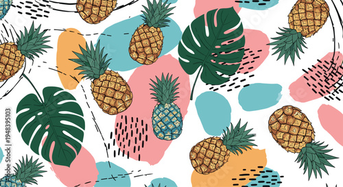Vibrant tropical pattern with pineapples and monstera leaves on colorful background for summer design themes.