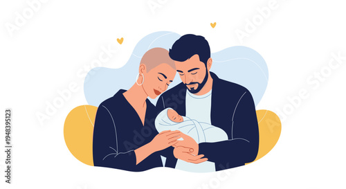 Happy diverse parents lovingly holding their newborn baby representing family love care and beautiful new life.