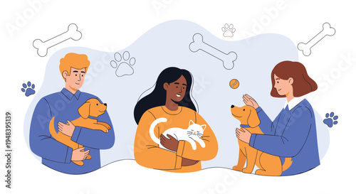 Group of happy pet owners holding and playing with their dogs and cat for animal care and companionship concept.