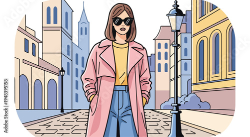 Illustration of a woman wearing sunglasses and a pink coat standing on a cobblestone street with buildings and a lamppost in a cartoon style with a vibrant and urban mood.