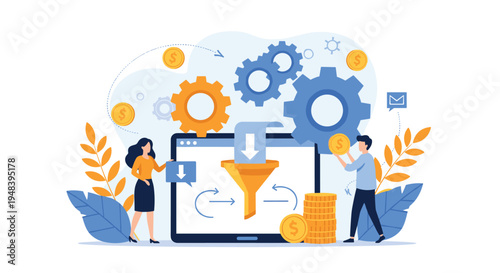 Collaborative business team using sales funnel to process investments and revenue for financial growth and efficiency.