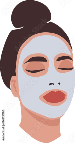 Vector illustration of woman applying facial mask during home spa skin care routine..