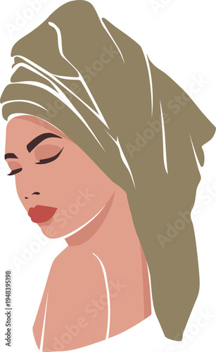 Vector illustration of woman with towel on head drinking tea during relaxing skin care routine.
