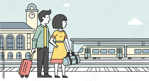 Illustration of a couple standing on a train platform with luggage, looking at each other, in a simple line art style with a light blue sky and train station in the background.