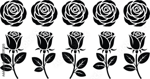 Elegant black rose flower vector silhouettes set featuring blooming rose heads and long stem roses with leaves for floral design.