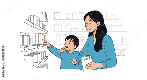 Young woman and a little boy enjoy grocery shopping together as they point at items on shelves in a well stocked retail store environment.
