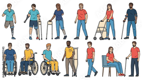 Diverse people with disabilities using wheelchairs, prosthetics, and crutches, representing inclusion and empowerment