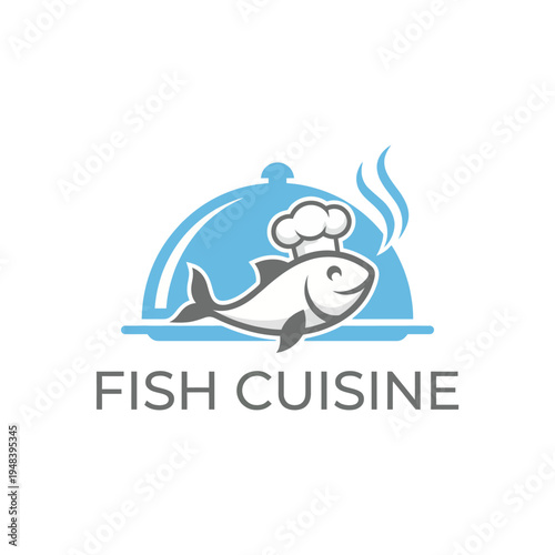 A playful logo design featuring a smiling fish with chef hats, perfectly suited for seafood restaurants or fish cuisine, highlighting freshness and culinary excellence in seafood dishes.