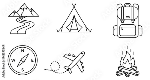 Minimalist icons depict travel camping and outdoor adventure elements in black outlines
