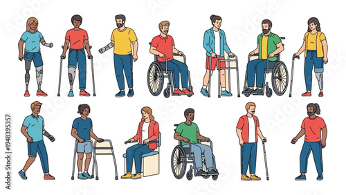 Diverse people with disabilities using wheelchairs, prosthetics, and crutches, representing inclusion and empowerment