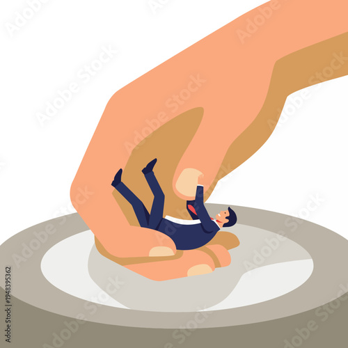 This thought-provoking illustration depicts a giant hand squeezing a tiny businessman, representing challenges faced by small entrepreneurs in a competitive and overwhelming business environment.
