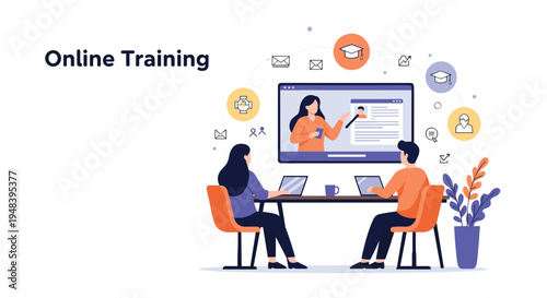 Students sit at a table using laptops to participate in an online training session with a female instructor shown on a large display screen.