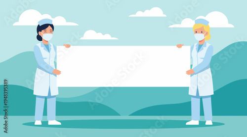 The image features two healthcare workers in scrubs holding a blank banner, symbolizing unity and collaboration in the health sector, ready for a message of hope or awareness.