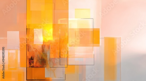 Overlapping translucent rectangular shapes create an abstract composition using warm orange and pale tones