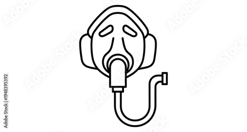 Simple black and white line drawing of a medical respirator mask with tubing