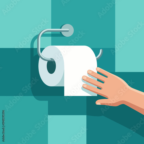 This modern image depicts a hand reaching for a toilet paper roll, symbolizing everyday home life and the importance of basic necessities in a clean and organized bathroom setting.
