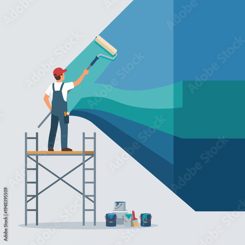 A skilled painter on a scaffold uses a paint roller to transform a wall with vibrant colors, showcasing creativity and artistic flair in a modern interior space.