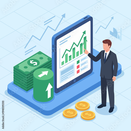 A businessman analyzing digital growth statistics with money and charts in the background, symbolizing financial success and strategic planning for a prosperous future.