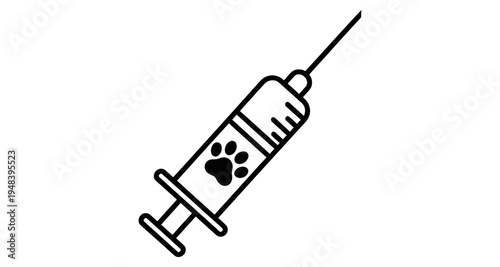 A black and white line drawing of a syringe with a paw print design