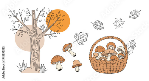 Autumn forest landscape features a stylized tree with falling leaves and a woven basket filled with freshly gathered wild mushrooms.