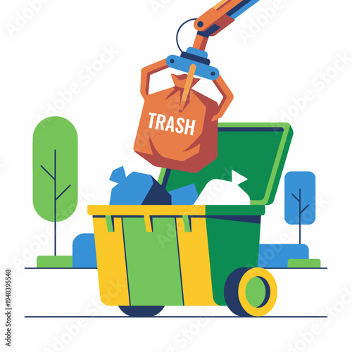 A colorful representation of a robotic arm collecting trash, highlighting the importance of waste management and environmental care in modern urban settings.