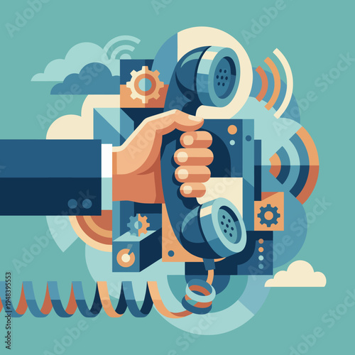 A hand gripping a traditional telephone handset is surrounded by colorful digital elements, representing the intersection of classic communication and modern technology.