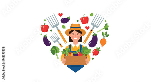 Smiling female gardener holds a crate of fresh vegetables surrounded by a heart shaped arrangement of gardening tools and healthy produce.