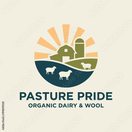 A modern logo representing an organic farm with serene pastures, a barn silhouette, and gentle hills, emphasizing sustainability and a connection to nature.