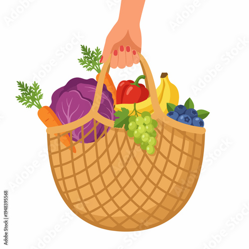 A woven handbasket brimming with vibrant fruits and vegetables, symbolizing healthy eating, abundance, and the joy of food, showcasing a rich color palette.