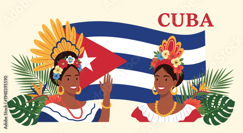 Vibrant illustration of two Cuban women wearing traditional colorful dresses and floral headpieces in front of a waving national flag of Cuba.