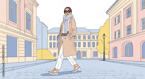 A woman walks down a cobblestone street in a city with pastel-colored buildings and a clear sky in the background.