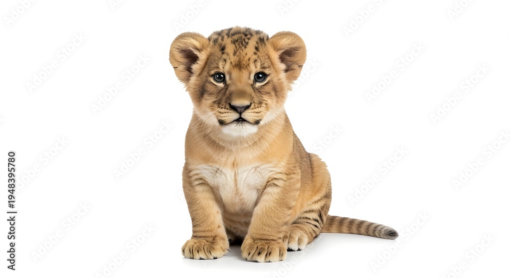 Obraz premium Cute lion cub sitting calmly against a plain background