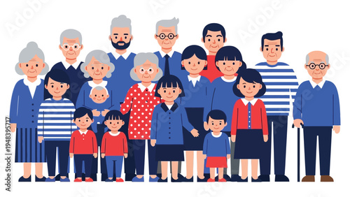  Flat-style multigenerational family portrait with smiling faces