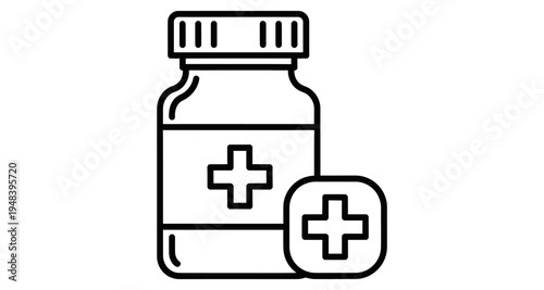 Simple black and white line drawing of a medicine bottle with a plus sign