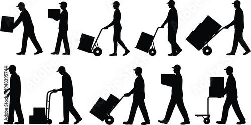 Warehouse worker silhouettes carrying boxes and pushing hand truck, delivery staff moving cargo packages, logistics transportation, manual handling, isolated vector illustration set
