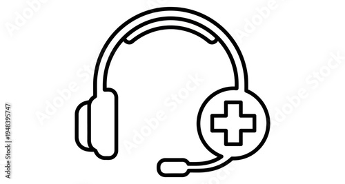 Line art illustration of a headset with a medical cross symbol on the earcup