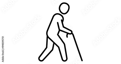 Simple black and white line drawing of an elderly person walking with a cane