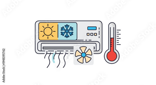 Modern air conditioning unit icon with heating and cooling symbols next to a red thermometer indicating indoor temperature.