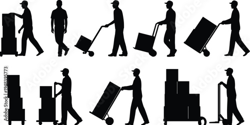 Warehouse worker silhouettes pushing hand truck with boxes, delivery staff moving cargo, logistics transportation, manual handling, storage loading, isolated vector set illustration