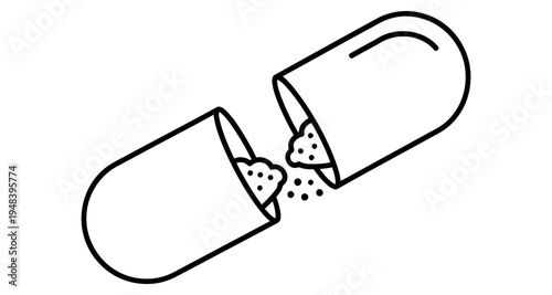 A broken capsule spills its granular contents depicted in a simple line drawing style