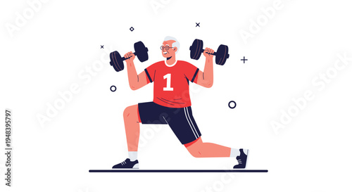 Active senior man in a red t-shirt performing a lunge exercise while lifting heavy black dumbbells for physical fitness.