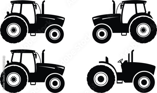 Farm tractor vector silhouette set featuring modern agricultural machinery and heavy equipment icons for farming industry and harvest harvesting design.