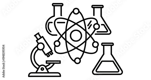 Scientific illustration featuring flasks an atomic model and a microscope high quality professional
