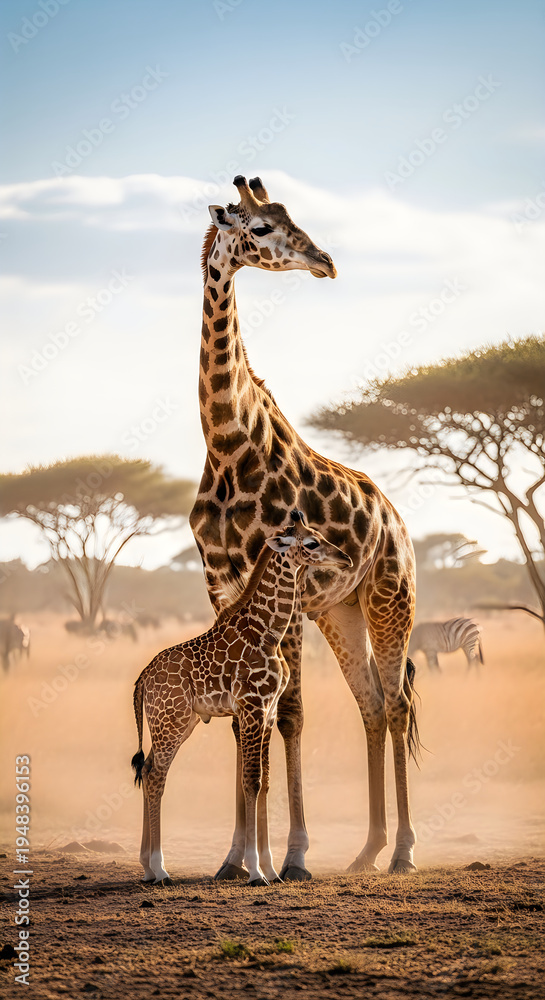 Obraz premium A giraffe and its calf stand together in savannah
