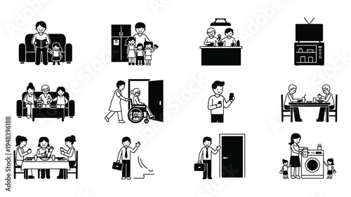 Multigenerational household icons showing family, caregiving, and daily activities