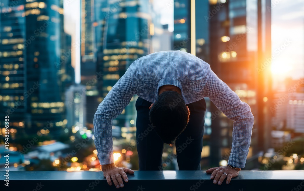 Fototapeta premium Corporate Worker Leaning Over Edge with Cityscape at Sunset Backdrop